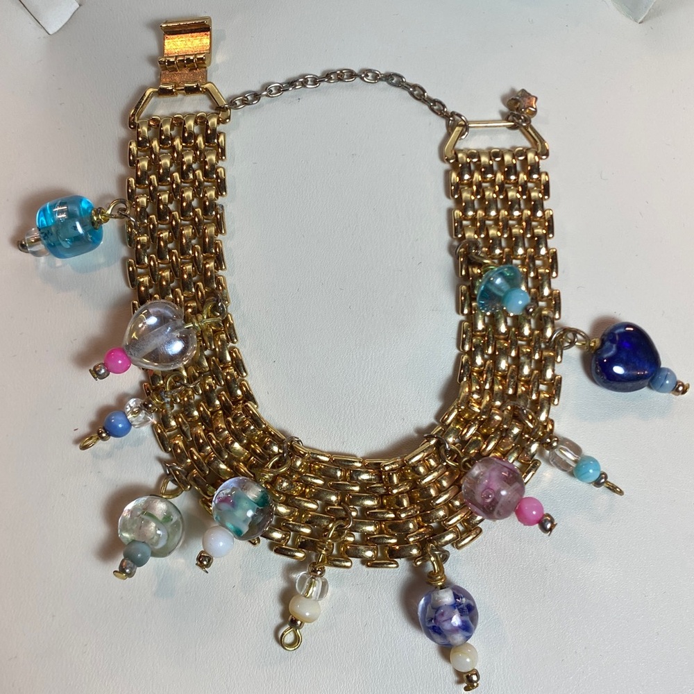 Vintage Gold Mesh Murano Style Bead Bracelet